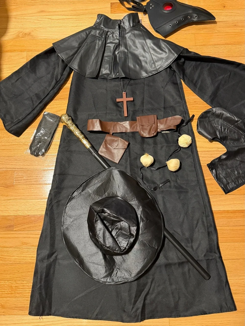 Kids Black Plague Doctor Costume with Hooded Beak Mask Size L (10/12)